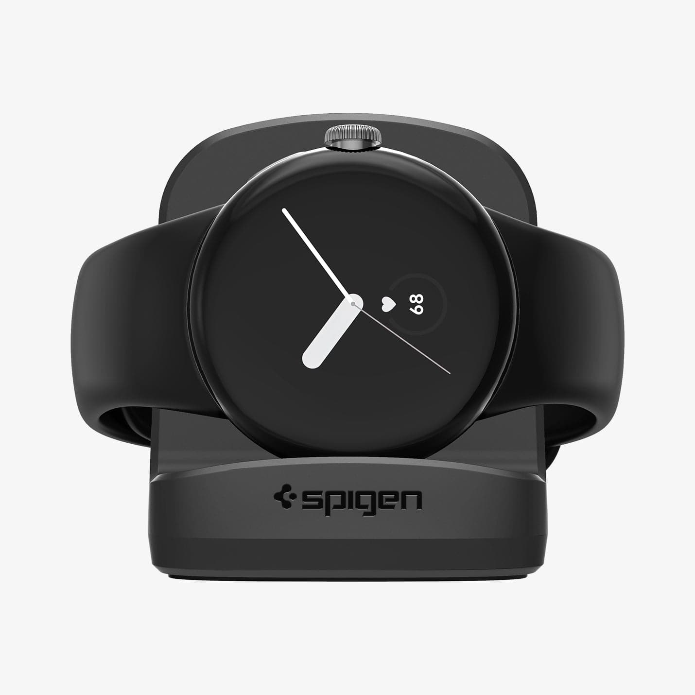 AMP05796 - Pixel Watch Stand Black S354 in black showing the front with watch on stand