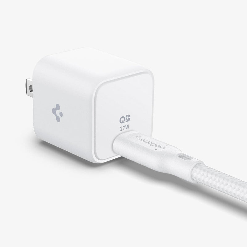 ACH03825 - ArcStation™ Pro 27W Wall Charger in white showing the front, side and top with charging cable plugged in