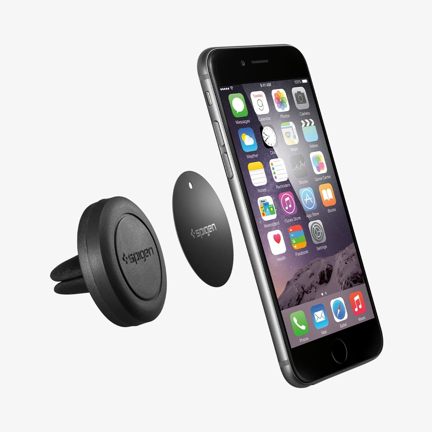 SGP11583 - Spigen Kuel Q11 Magnetic Air Vent Car Mount showing the car mount, metal plate and device