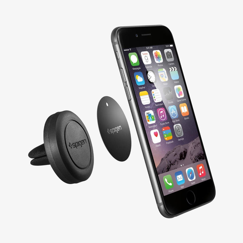 SGP11583 - Spigen Kuel Q11 Magnetic Air Vent Car Mount showing the car mount, metal plate and device