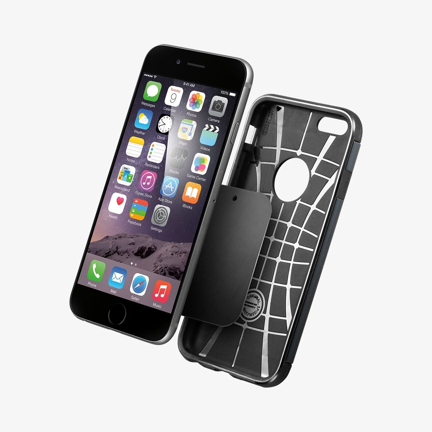 SGP11583 - Spigen Kuel Q11 Magnetic Air Vent Car Mount showing the device, metal plate and case