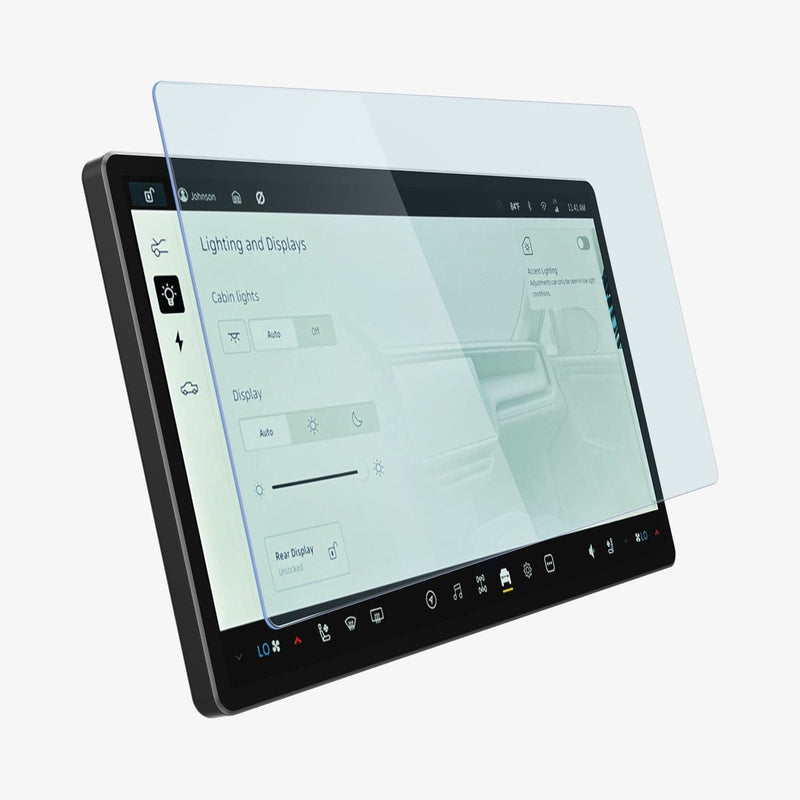 AGL04220 - Rivian R1T / R1S Screen Protector EZ FIT GLAS.tR Anti-Glare showing the front and side with screen protector hovering in front of touch screen display
