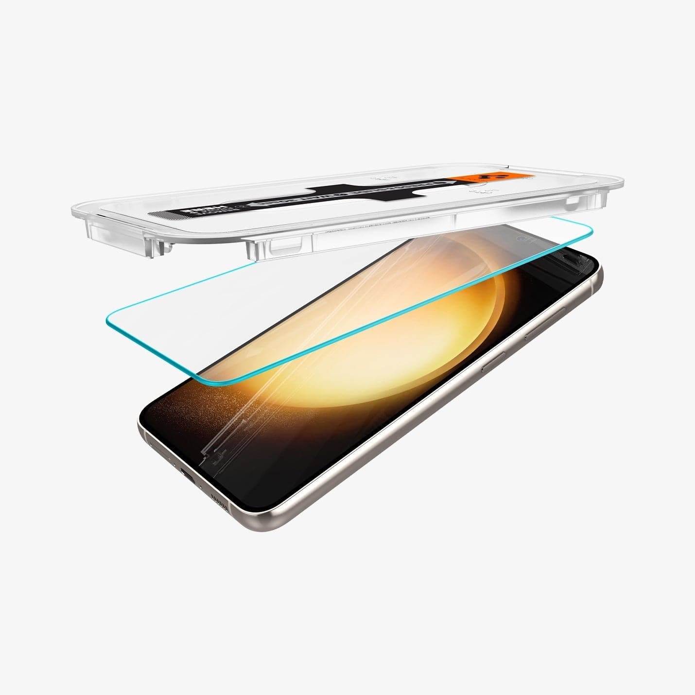 AGL05958 - Galaxy S23 EZ FIT GLAS.tR Screen Protector showing the ez fit tray and screen protector hovering above the device