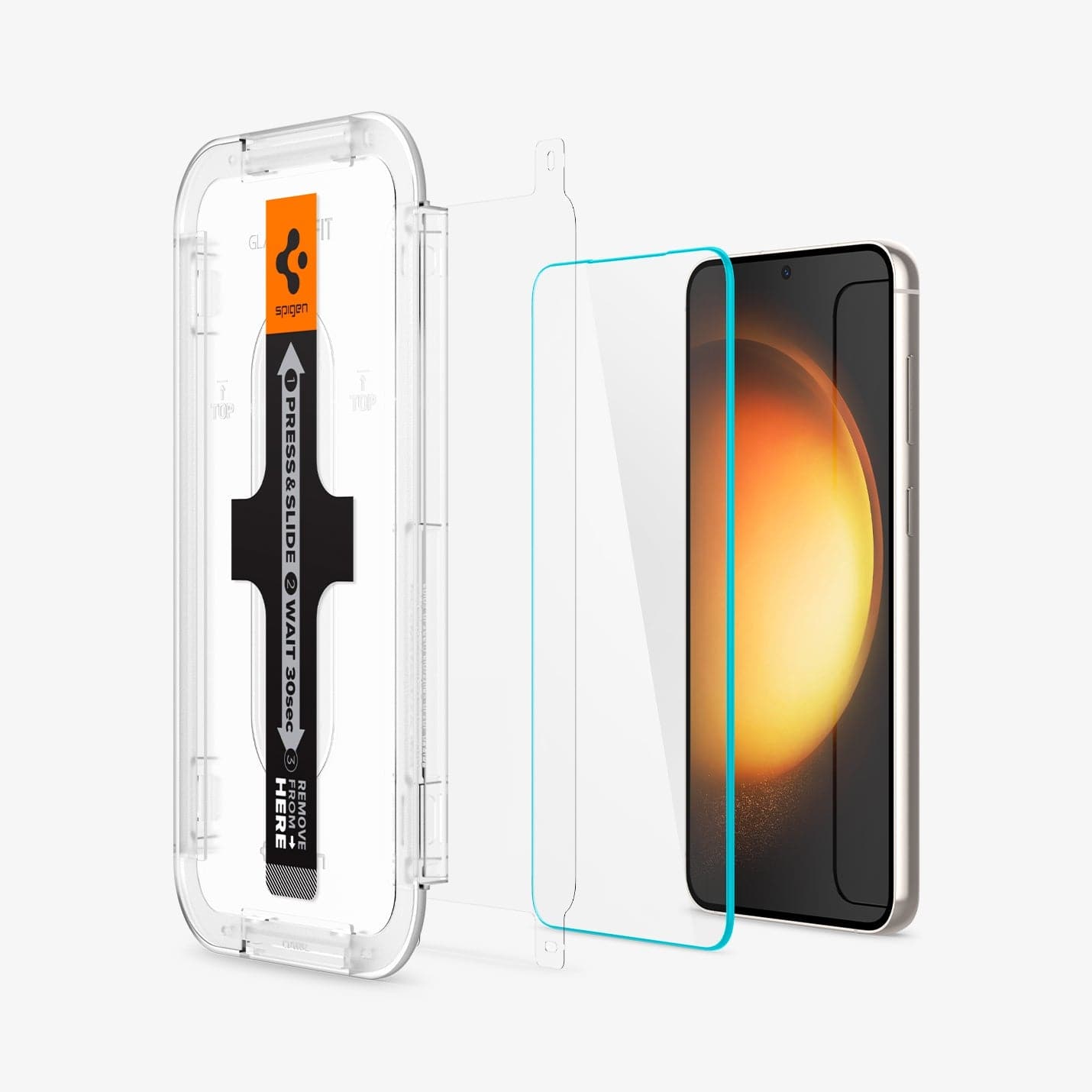 AGL05958 - Galaxy S23 EZ FIT GLAS.tR Screen Protector showing the ez fit tray, alignment film, and screen protector hovering in front of the device