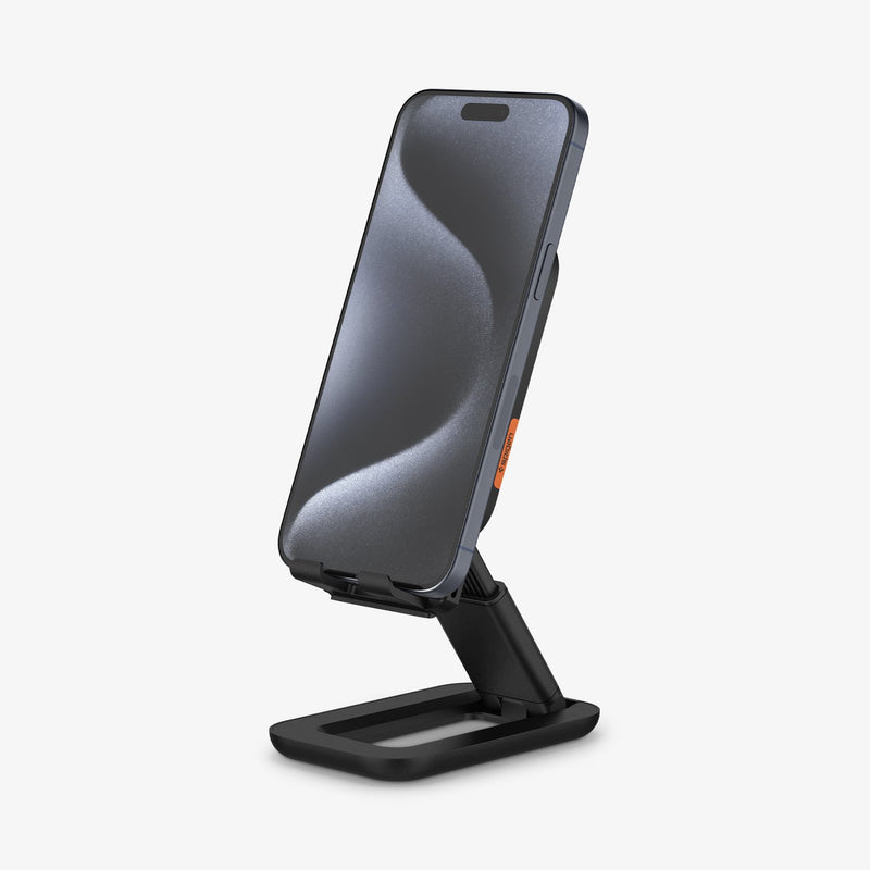 AMP07116 - Universal Phone Stand S311-1 in Black showing the front, partial side and bottom with a device attached