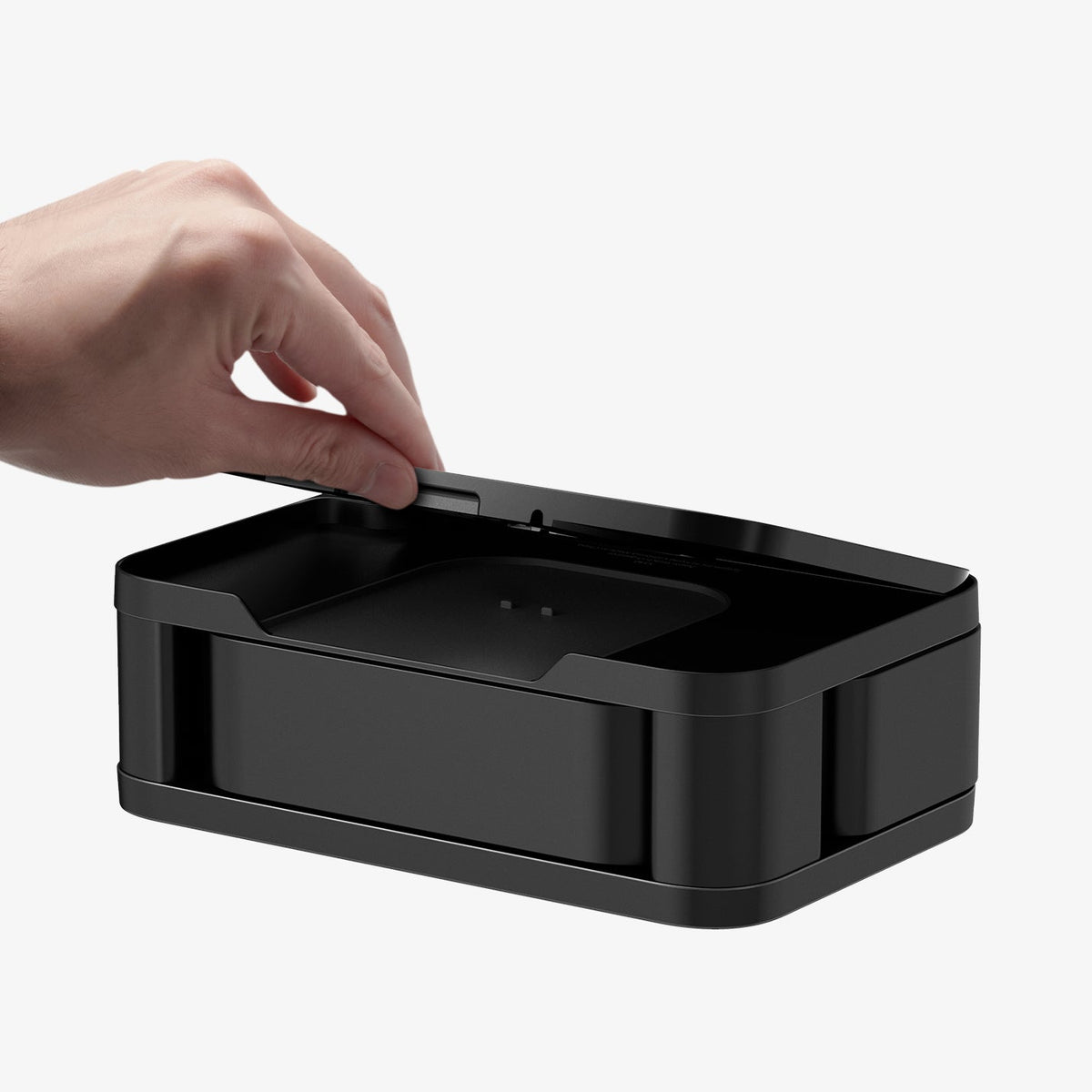 AMP07602 - Watch Organizer | S340 in Black showing a person lifting the top cover of the organizer