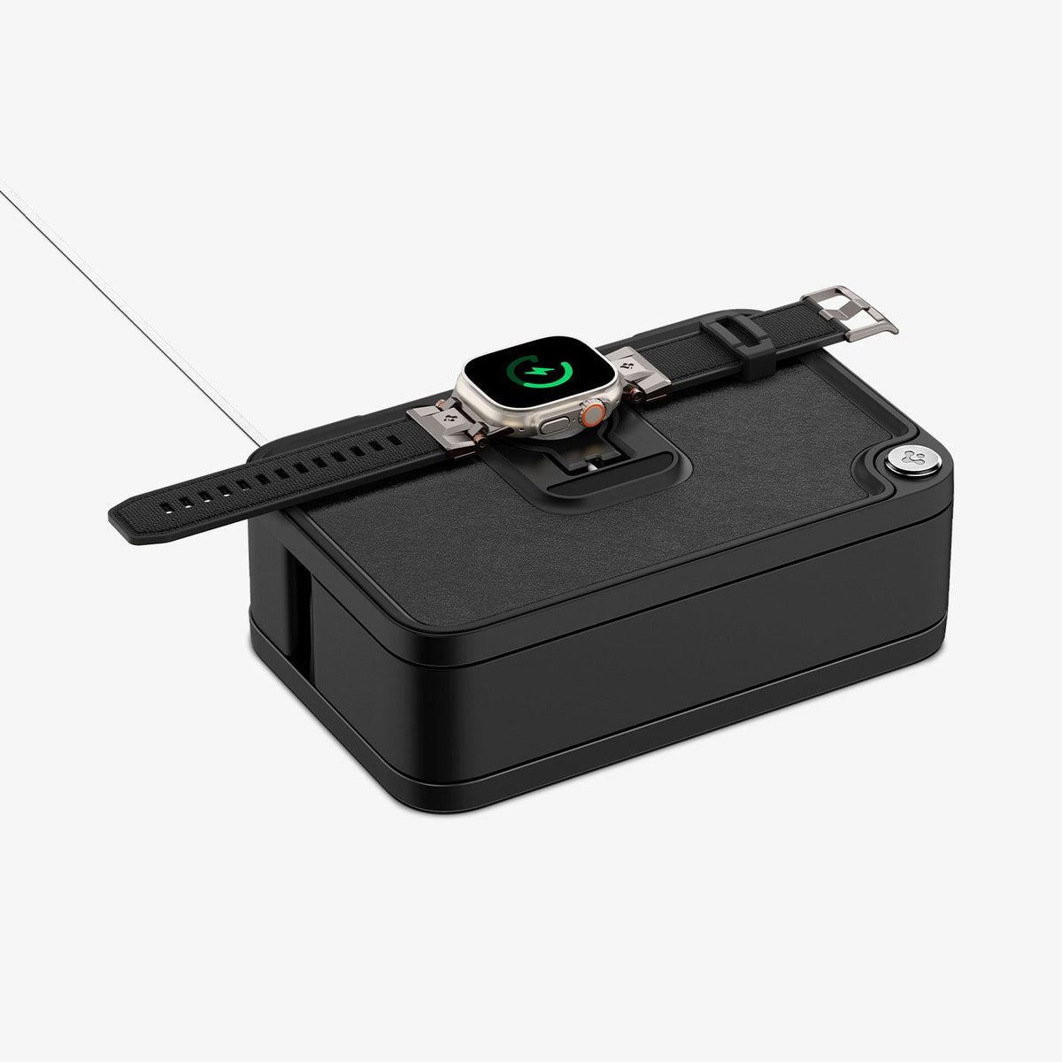 AMP07602 - Watch Organizer | S340 in Black showing the watch with the band placed on the top of the organizer while charging