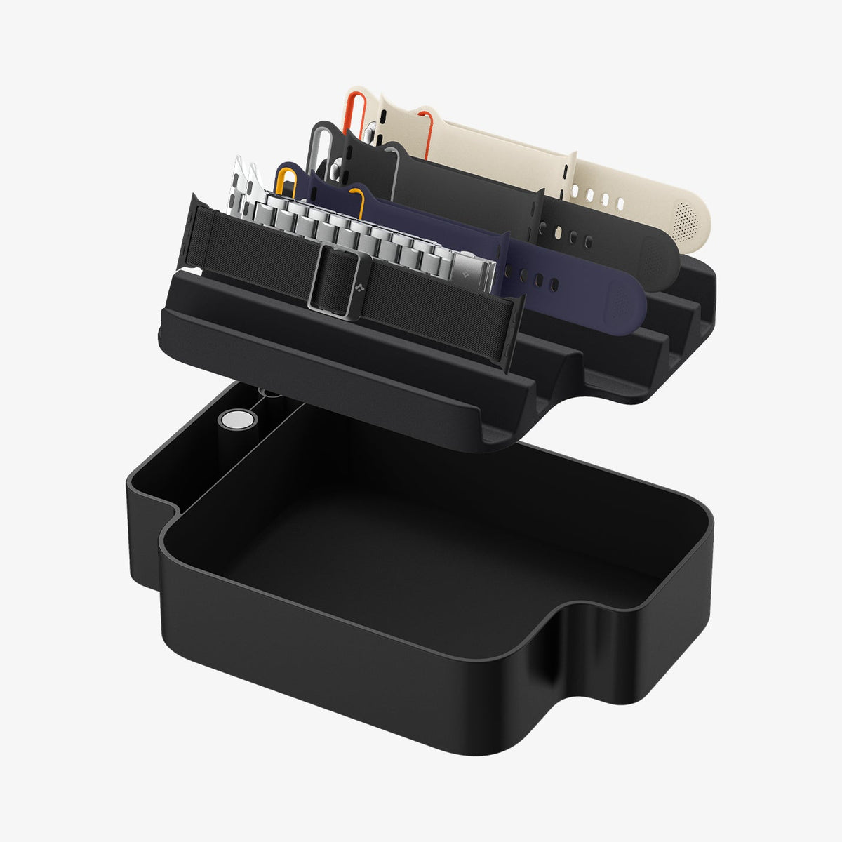 AMP07602 - Watch Organizer | S340 in Black showing the inner of the organizer, with multiple watch band, hovering above the case 