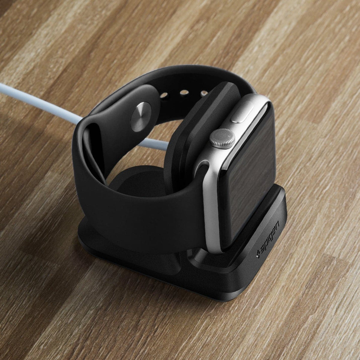 SGP11584 - Apple Watch Night Stand S350 in black showing the top and front with watch on stand and on desk