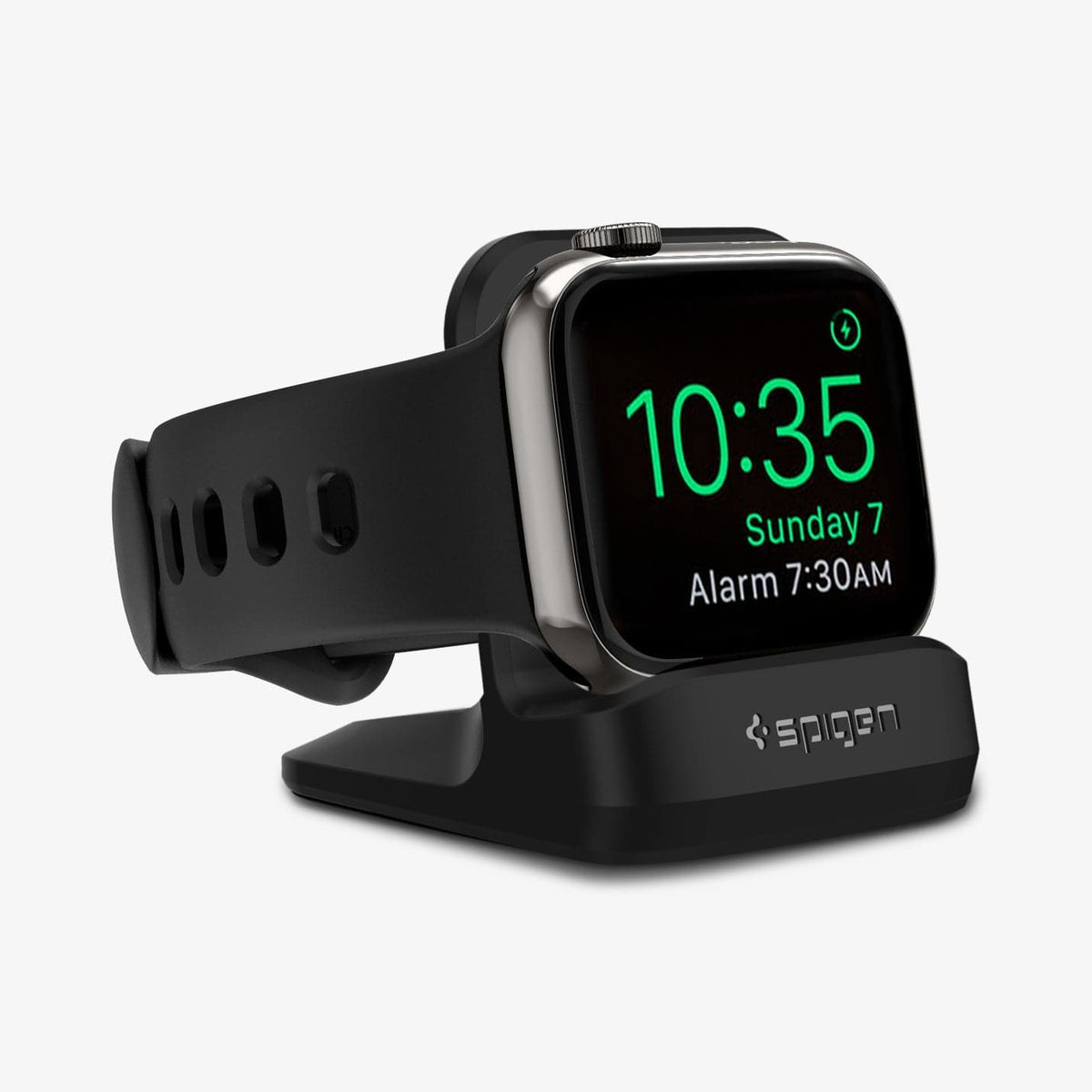 SGP11584 - Apple Watch Night Stand S350 in black showing the front and partial side with watch on stand