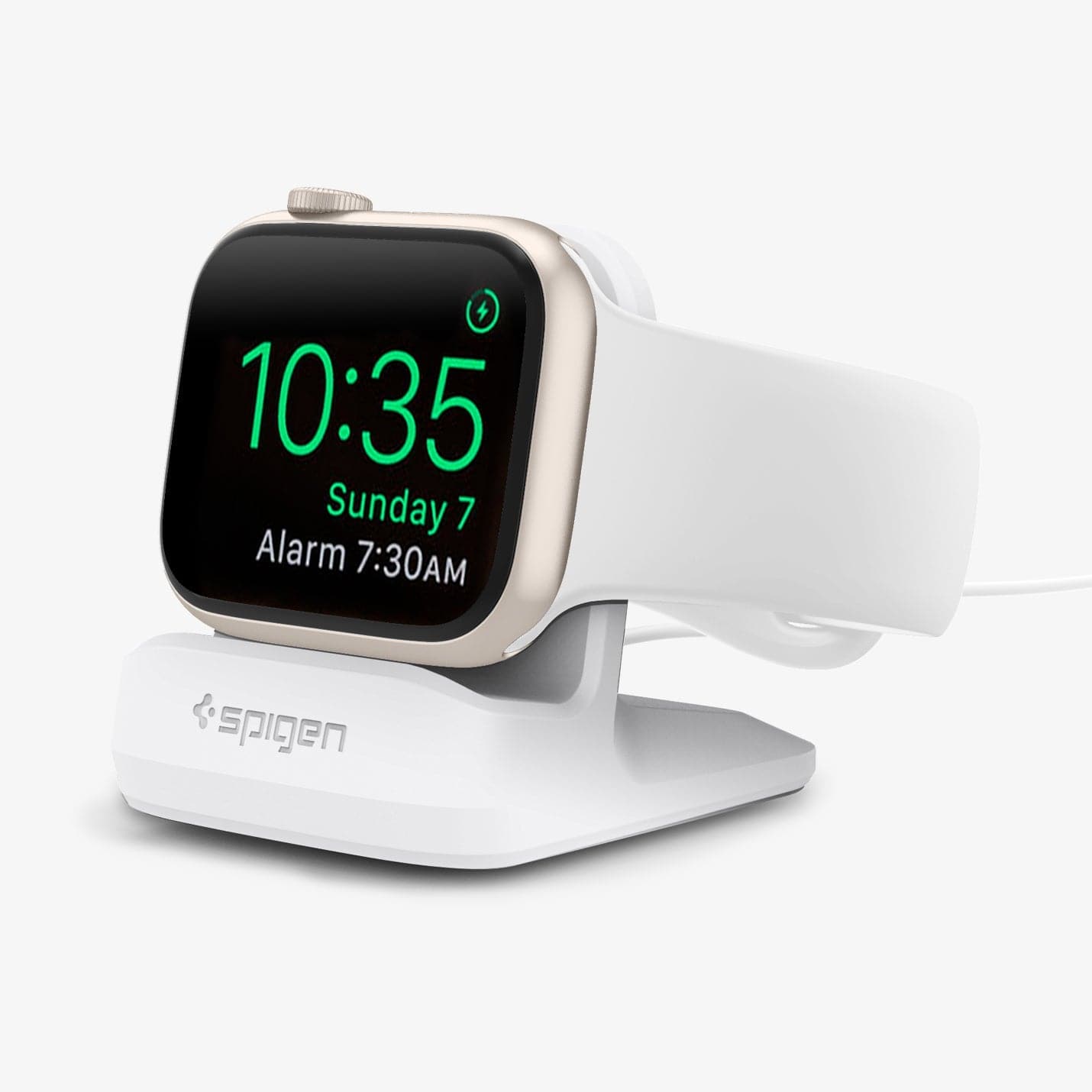 000CD21181 - Apple Watch Night Stand S350 in white showing the front and side with watch on stand