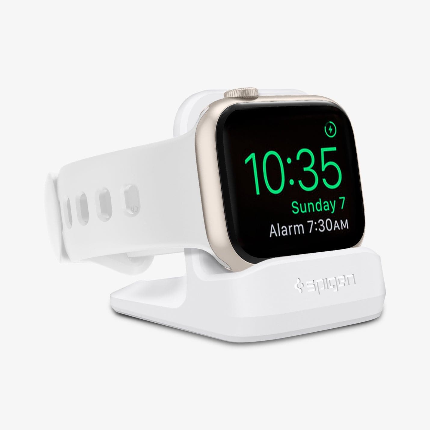 000CD21181 - Apple Watch Night Stand S350 in white showing the front and partial side with watch on stand
