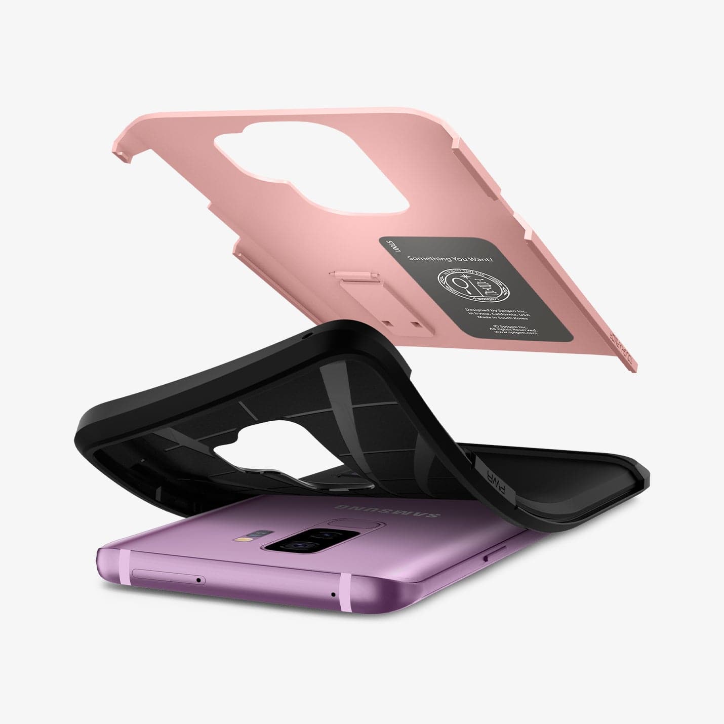 593CS22934 - Galaxy S9 Plus Tough Armor Case in rose gold showing the hard layer of case hovering above the device and soft layer