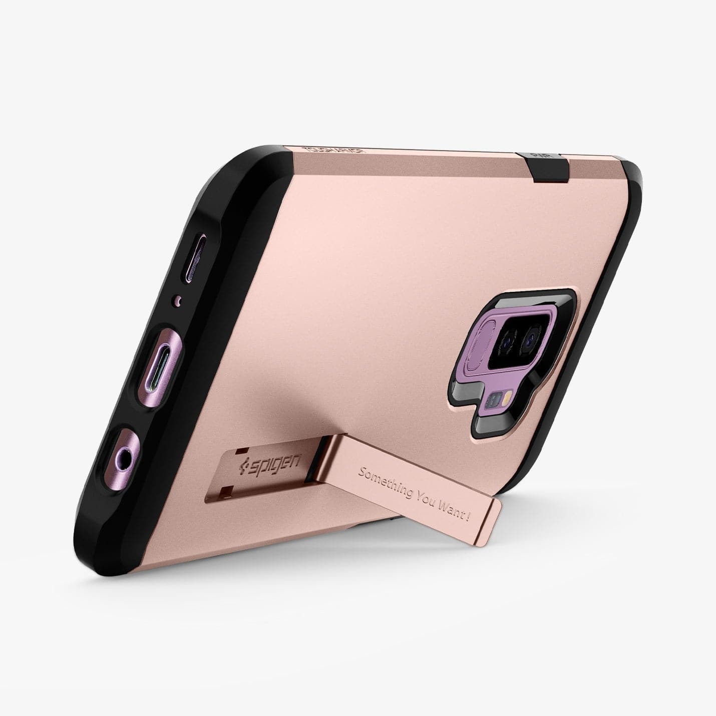 593CS22934 - Galaxy S9 Plus Tough Armor Case in rose gold showing the back and bottom with device propped up by built in kickstand