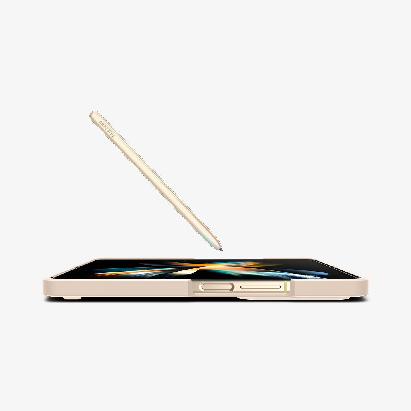 ACS05511 - Galaxy Z Fold 4 Case Thin Fit P in pearled ivory showing the bottom and partial front with device laying flat and s pen hovering above