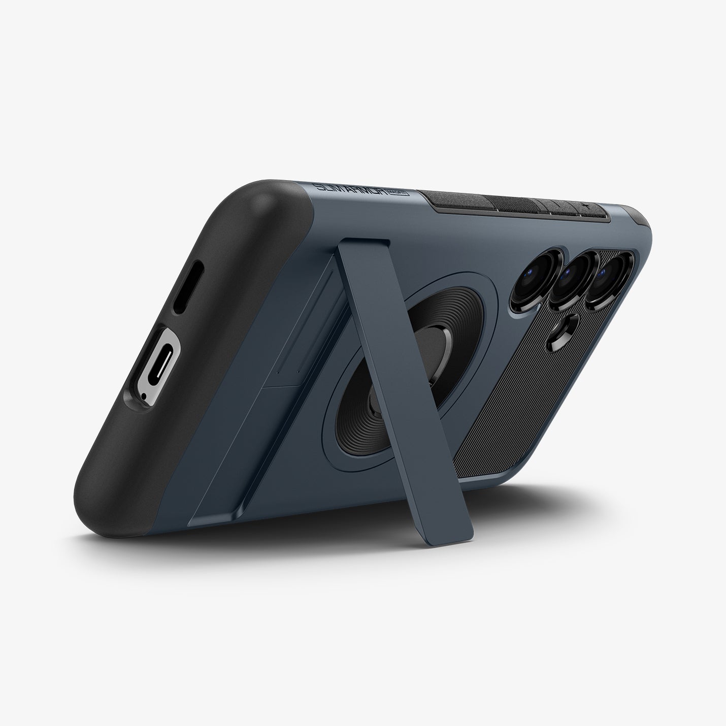 ACS07202 - Galaxy S24 Case Slim Armor (MagFit) in Metal Slate showing the back, bottom and partial side with a built-in kickstand propped up