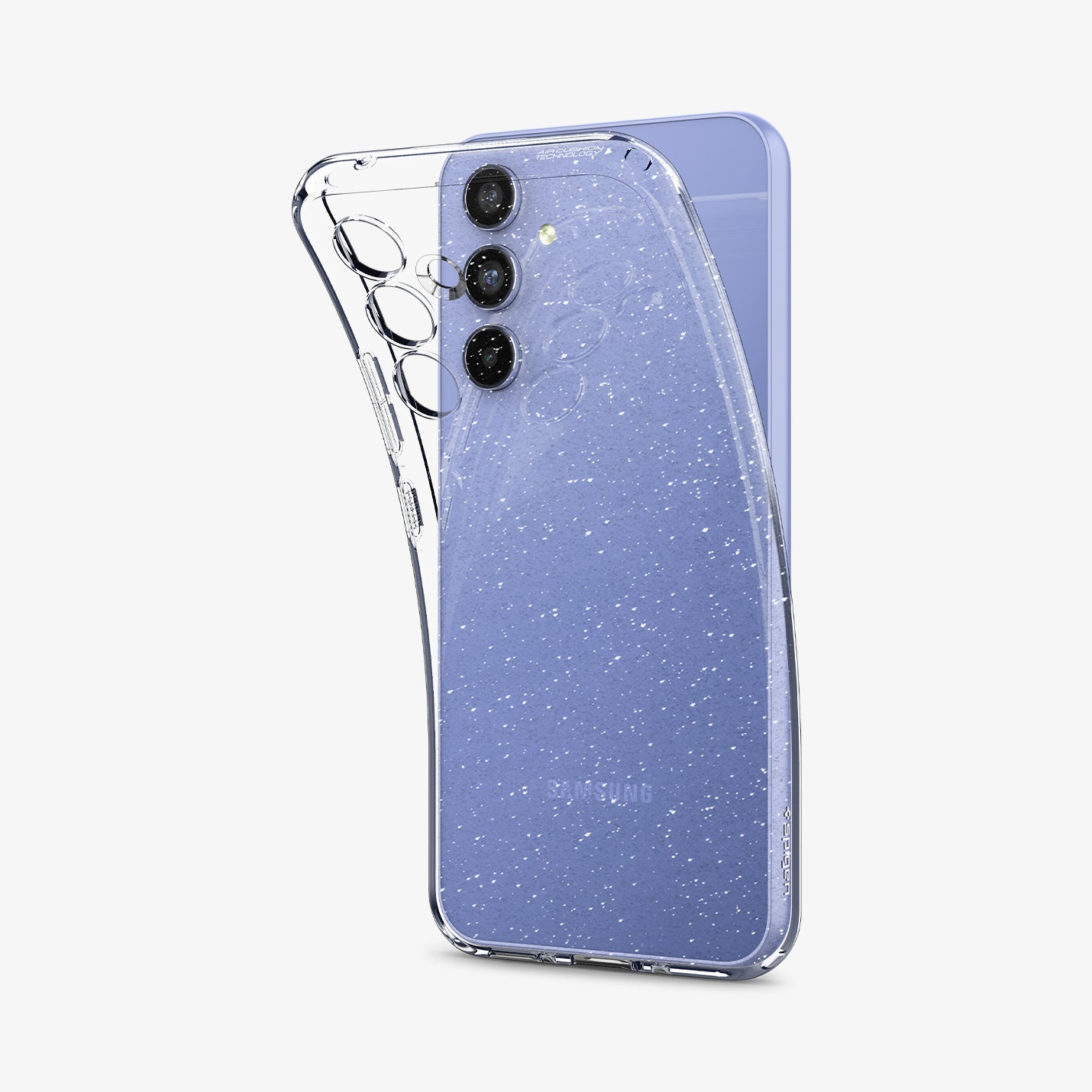 ACS05890 - Galaxy A54 5G Case Liquid Crystal Glitter in Crystal Quartz showing the soft layer of a tpu back case partially peeled off from the device