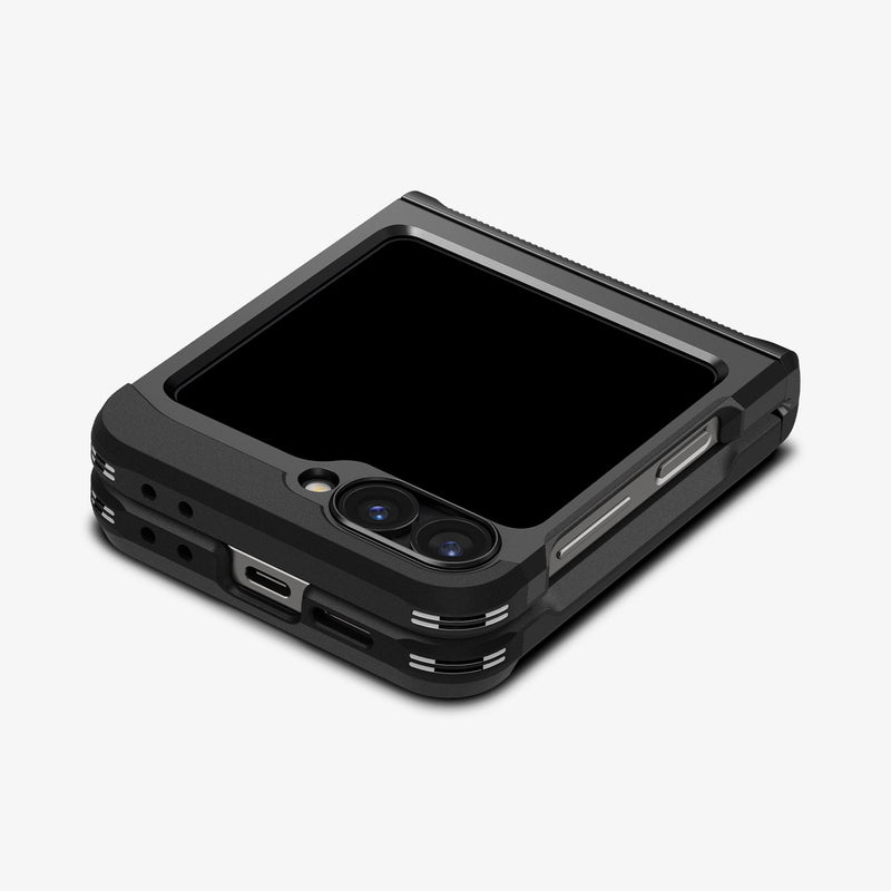 ACS08354 - Galaxy Z Flip 7 FE Case Slim Armor Pro in Black showing the partial back, sides and bottom folded