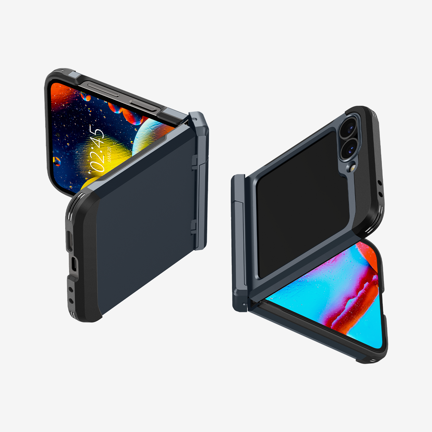 ACS08292 - Galaxy Z Flip 7 FE Case Tough Armor Pro in Metal Slate showing the back, partial front of two devices partially folded