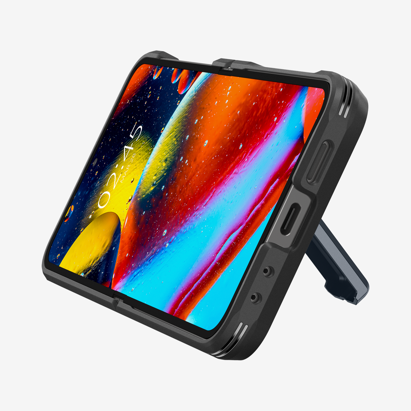 ACS08292 - Galaxy Z Flip 7 FE Case Tough Armor Pro in Metal Slate showing the front and bottom propped up with a built-in kickstand