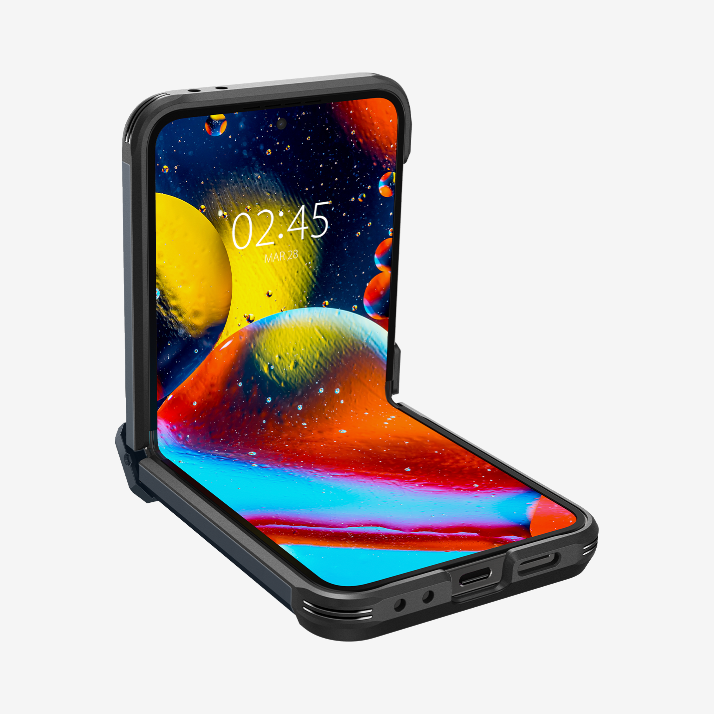 ACS08292 - Galaxy Z Flip 7 FE Case Tough Armor Pro in Metal Slate showing the front half open, partial sides and bottom