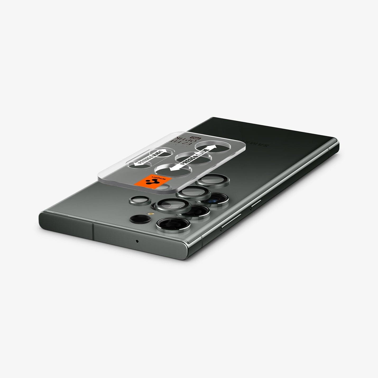 AGL06166 - Galaxy S23 Ultra EZ Fit Optik Pro Lens Protector in green showing the device laying flat and ez fit tray hovering above