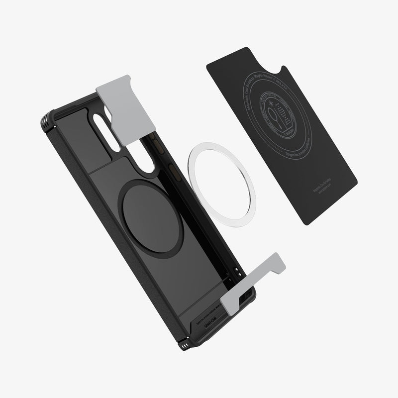 ACS08913 - Galaxy S25 Ultra Case Core Armor (MagFit) in Matte Black showing the inner cover hovering above the magnet ring plate, bumper and inner case