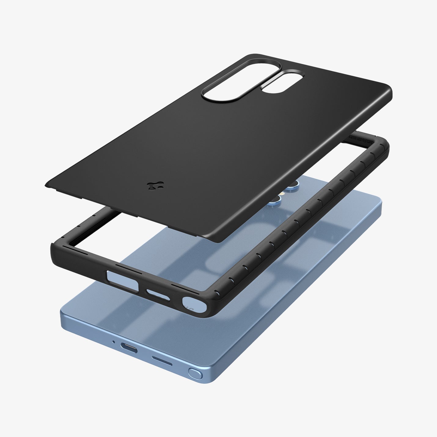 ACS08946 - Galaxy S25 Ultra Case Thin Fit (MagFit) in Black showing the detached back layer hovering above tpu frame and device