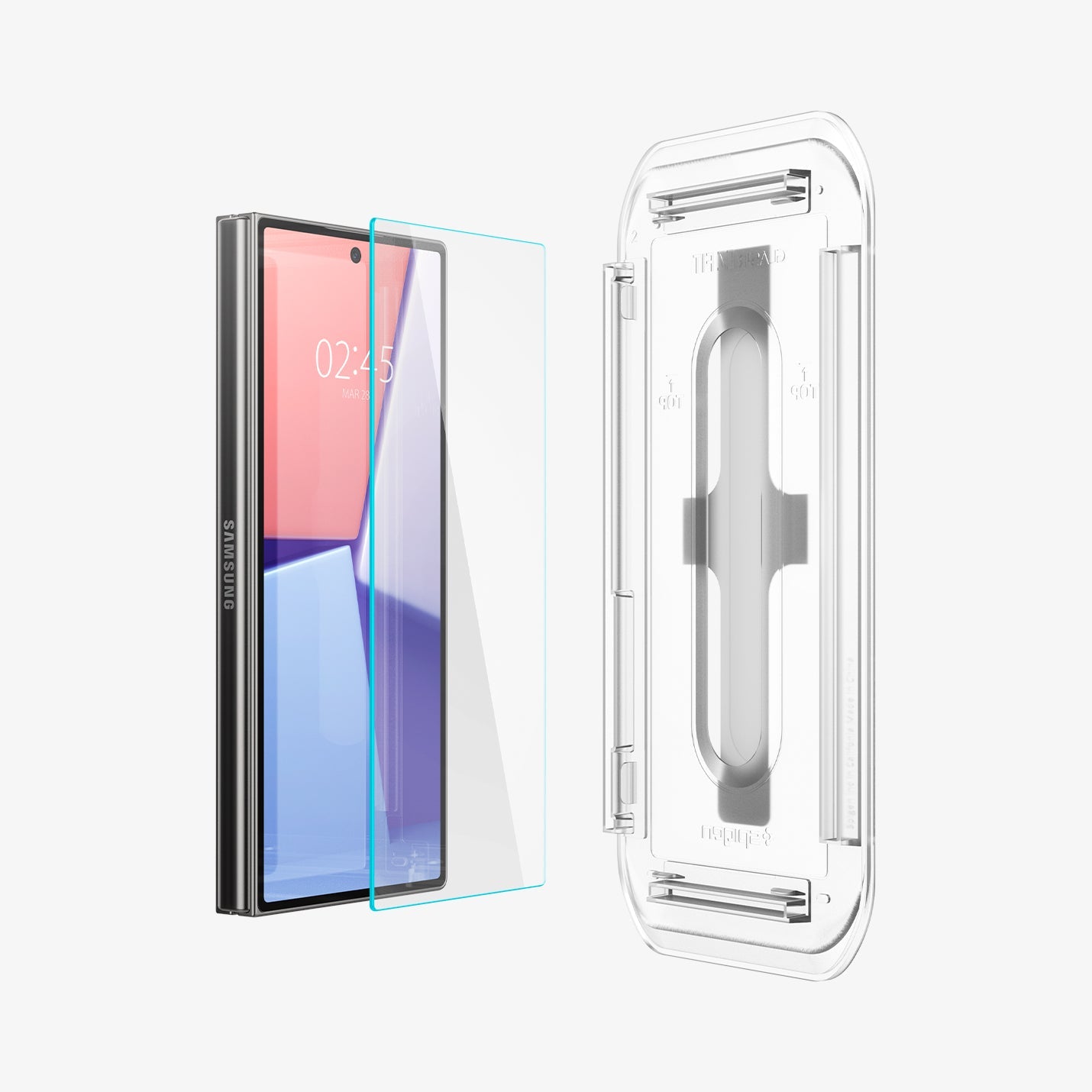 AGL07969 - Galaxy Z Fold 6 GLAS.tR EZ Fit in Clear showing the alignment tray, screen protector and aligned with the device