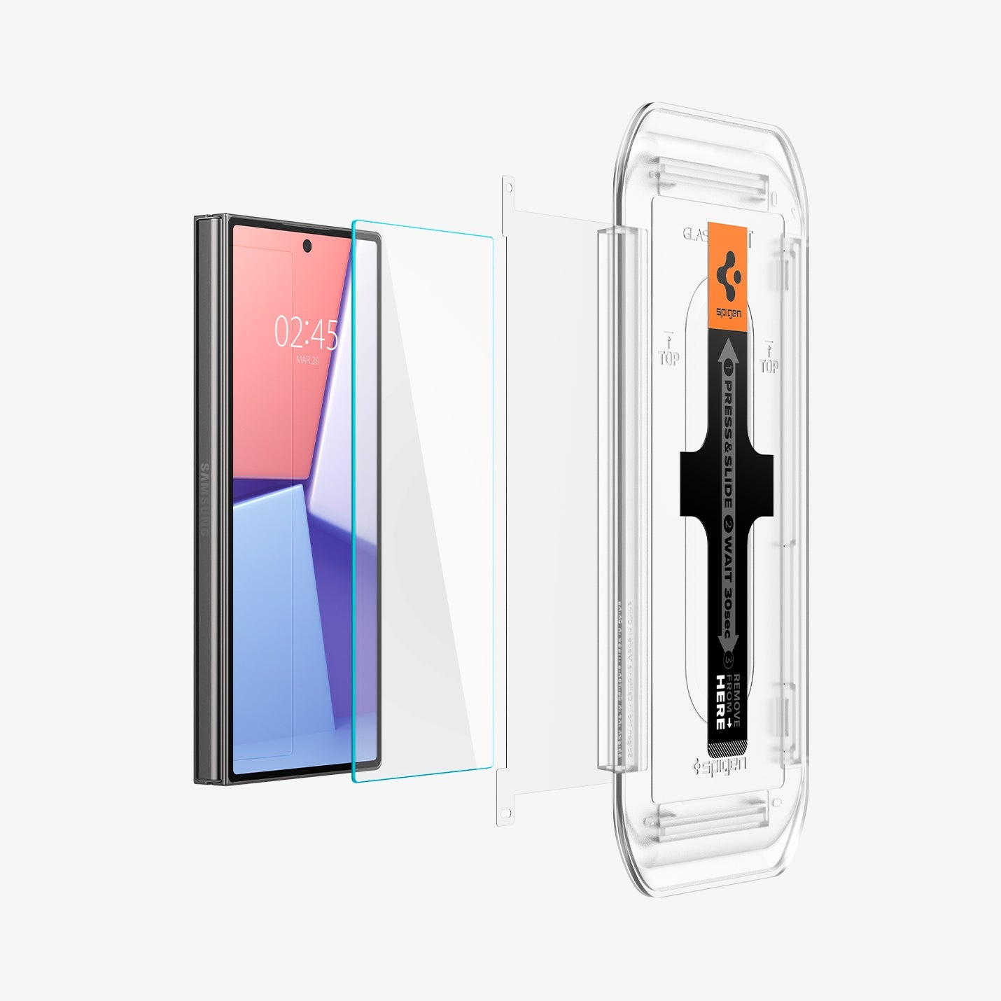 AGL07969 - Galaxy Z Fold 6 GLAS.tR EZ Fit in Clear showing the alignment tray aligned to a screen film, screen protector and a device