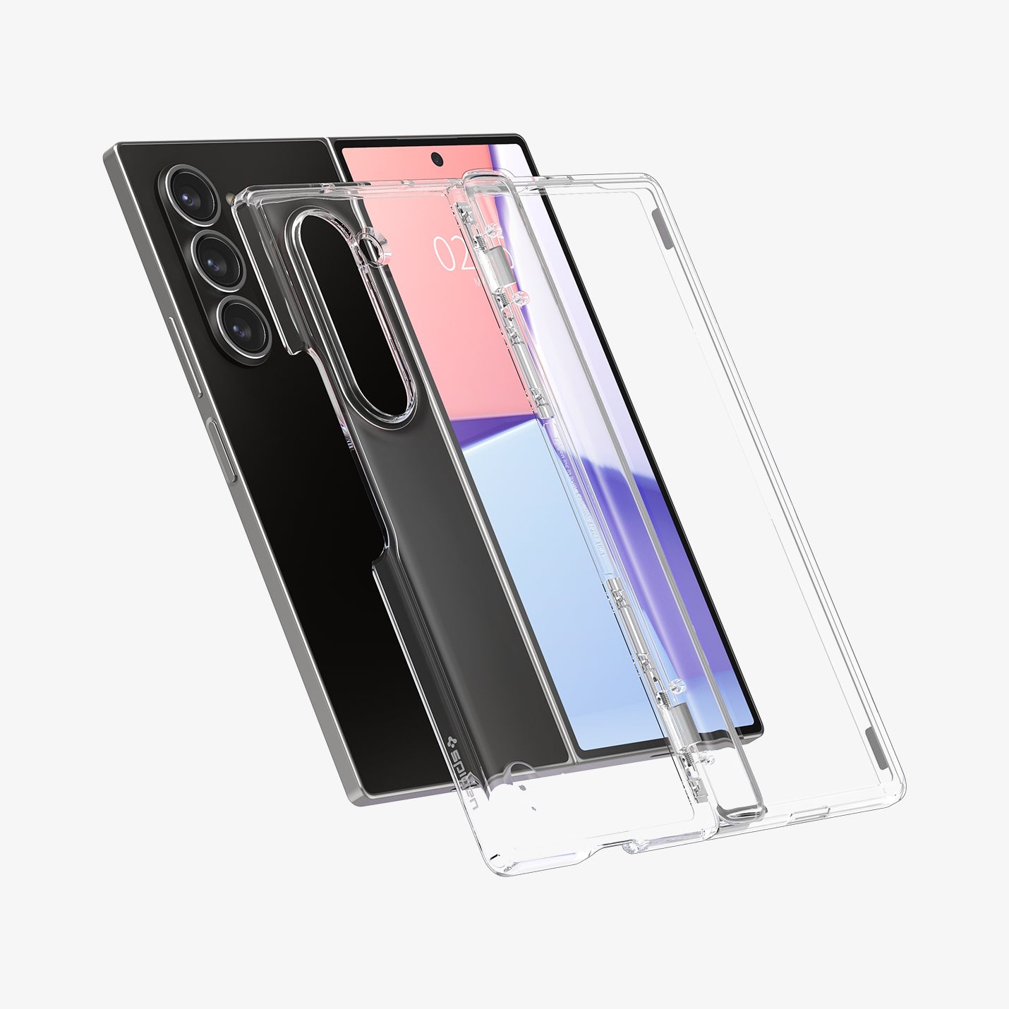 ACS07831 - Galaxy Z Fold 6 Case Ultra Hybrid Pro in Crystal Clear showing the back, hinge and front of a transparent case hovering in front of the device