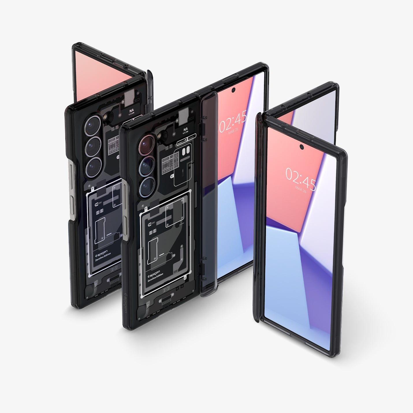 ACS08282 - Galaxy Z Fold 6 Case Ultra Hybrid Pro Zero One in Zero One showing the front, partial front, back, partial back and hinge of 3 devices aligned with each other