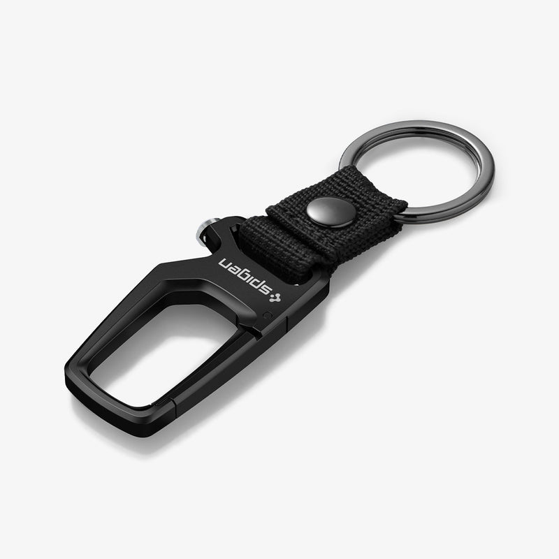 AHP06961 - Carabiner + Keyring in black showing the front lying flat