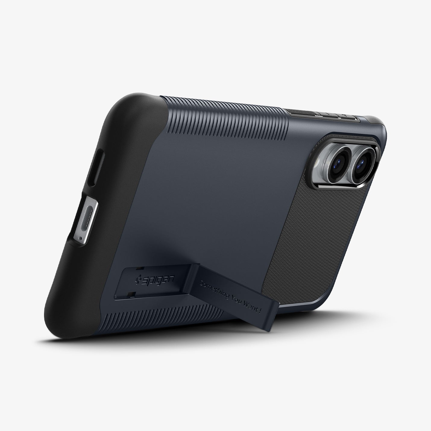 ACS09593 - Galaxy S25 Edge Case Slim Armor in Metal Slate showing the 
back, partial side and bottom, built-in kickstand propped up in landscape form