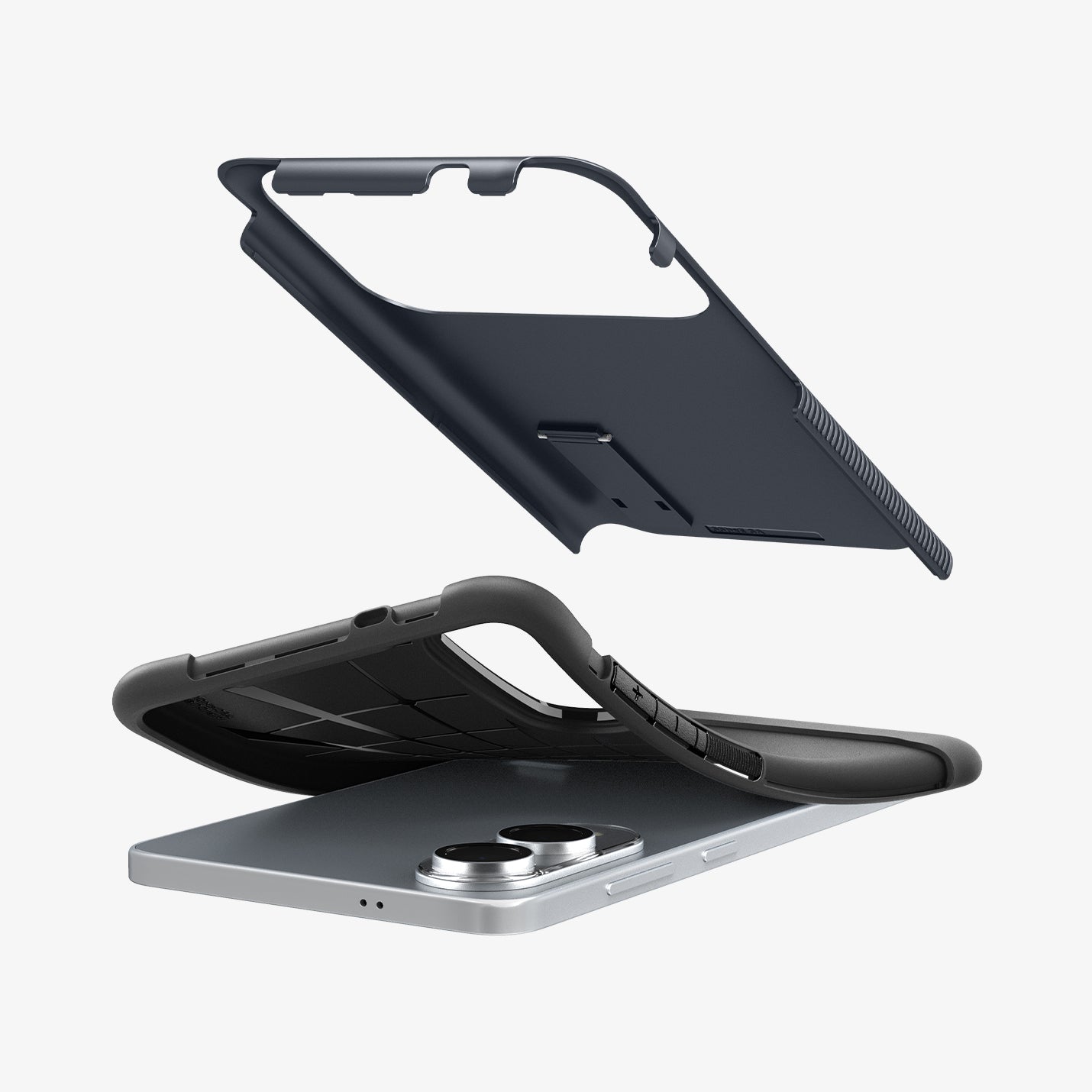 ACS09593 - Galaxy S25 Edge Case Slim Armor in Metal Slate showing the back layer hovering above the tpu case slightly lifted away from the device