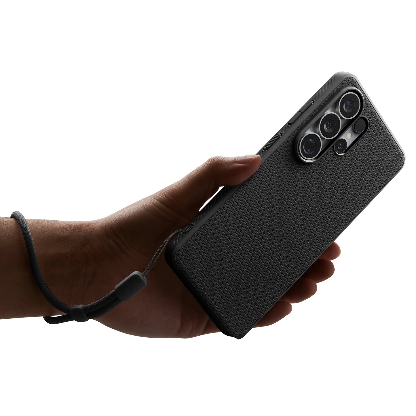 ACS11024 - Galaxy S26 Ultra Liquid Air (Mag Fit) in Matte Black showing a hand with strap on with the device and case