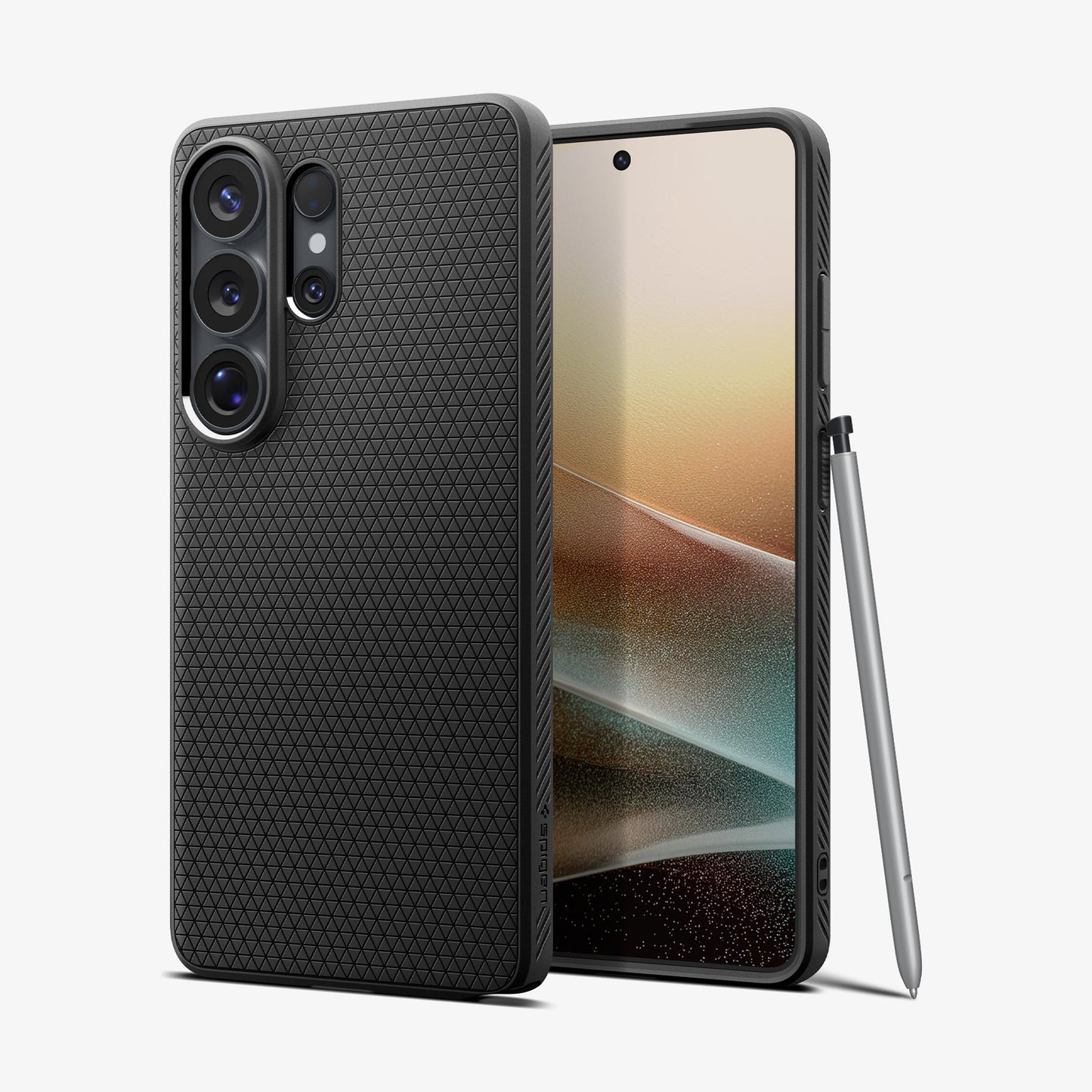 ACS11024 - Galaxy S26 Ultra Liquid Air (Mag Fit) in Matte Black showing the back with the device, partial back case only, partial front and sides