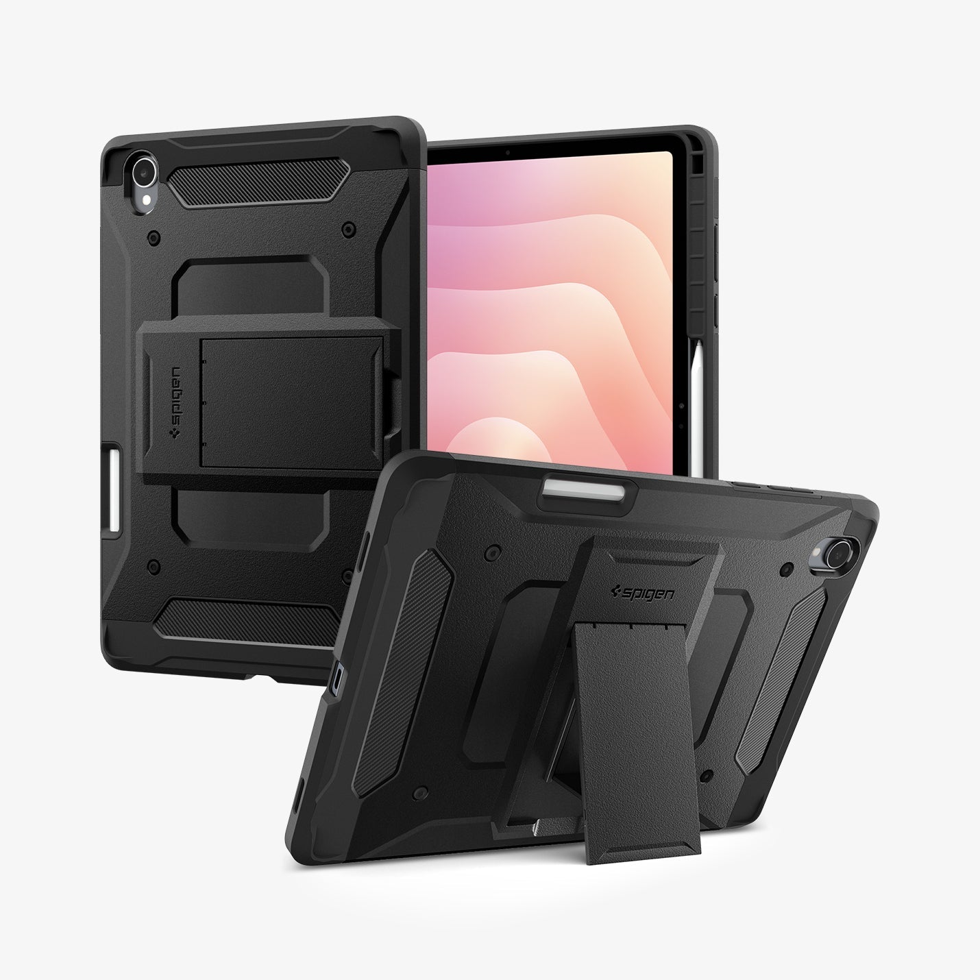 ACS10211 - Galaxy Tab S11 Series Tough Armor Pro showing the back, front and device propped up by built in kickstand