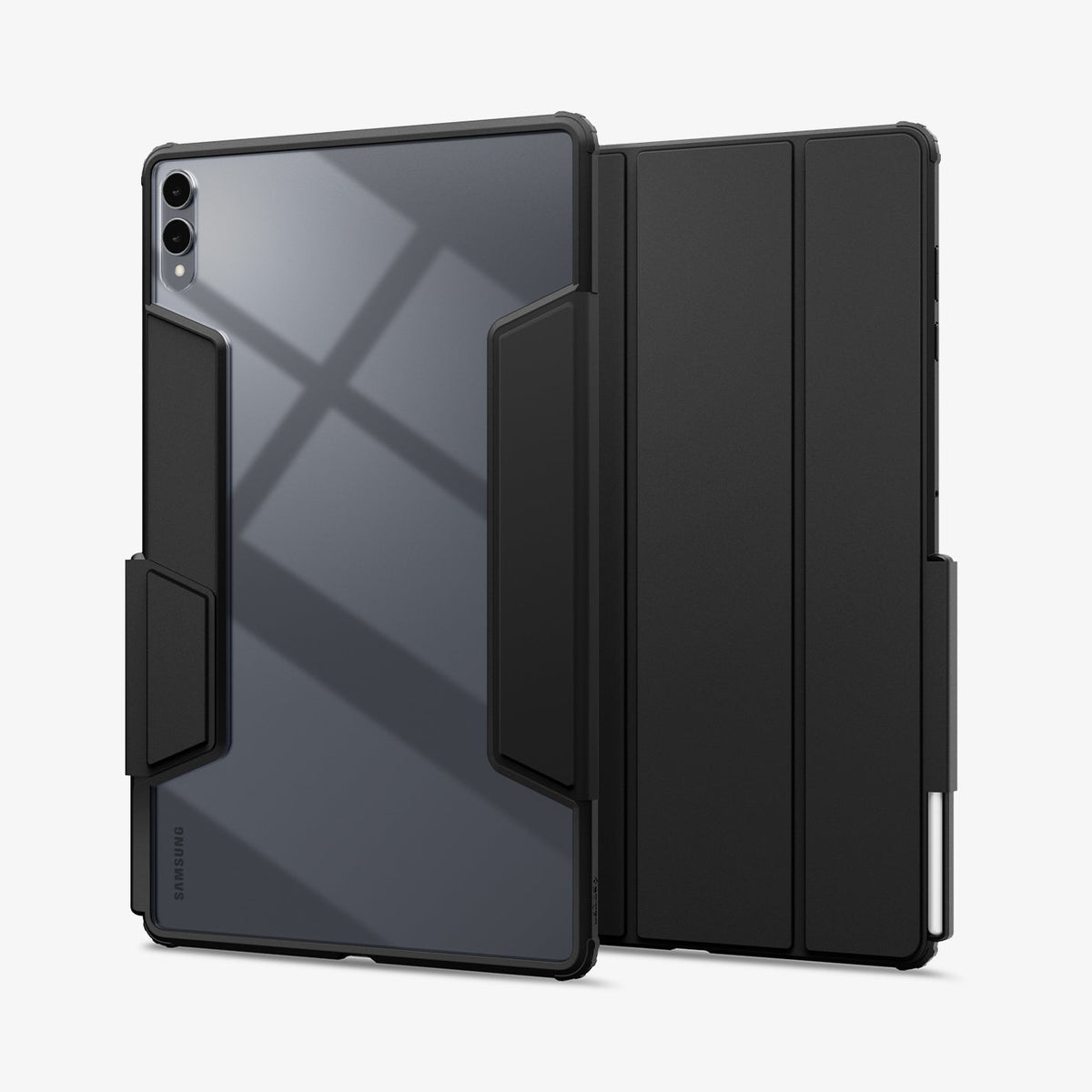 ACS10221 - Galaxy Tab S12 Ultra Air Skin Pro in Black showing front and back views of a tablet case with a clear back panel, protective frame, folding cover, and stylus storage.