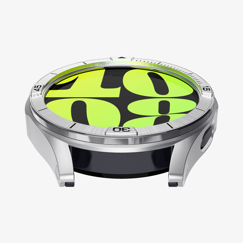 ACS08343 - New Galaxy Watch Bezel Tune Pro in Silver showing the front and partial side of an apple watch head without a strap