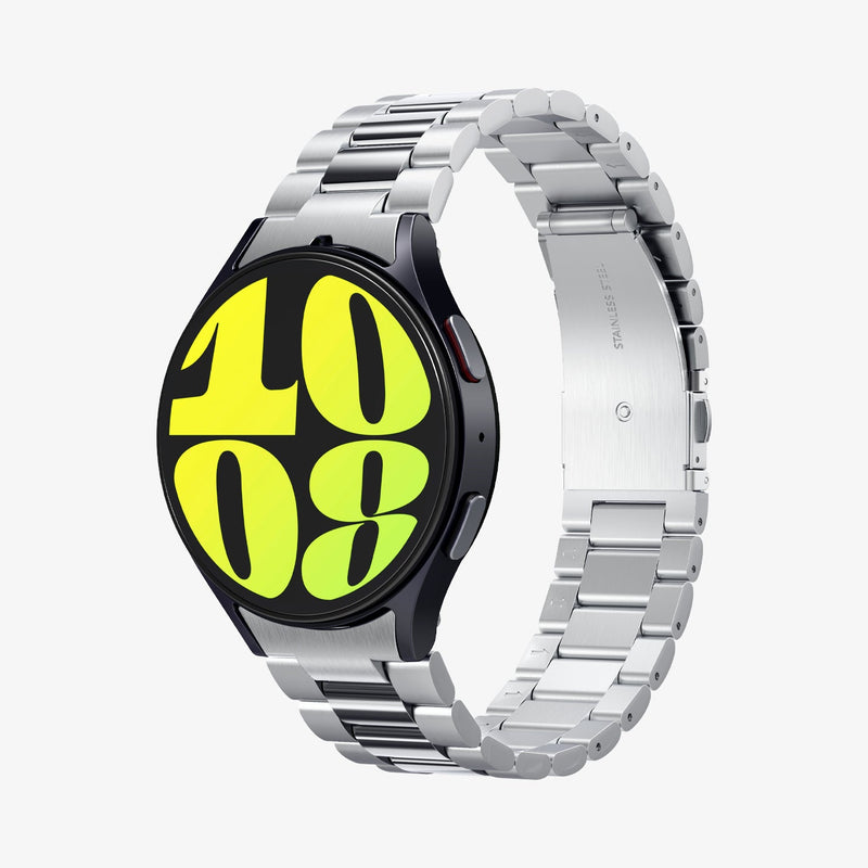 AMP08341 - Galaxy Watch 7 (44mm) Modern Fit 316L Band in Silver showing the front, sides, partial inner side and bottom