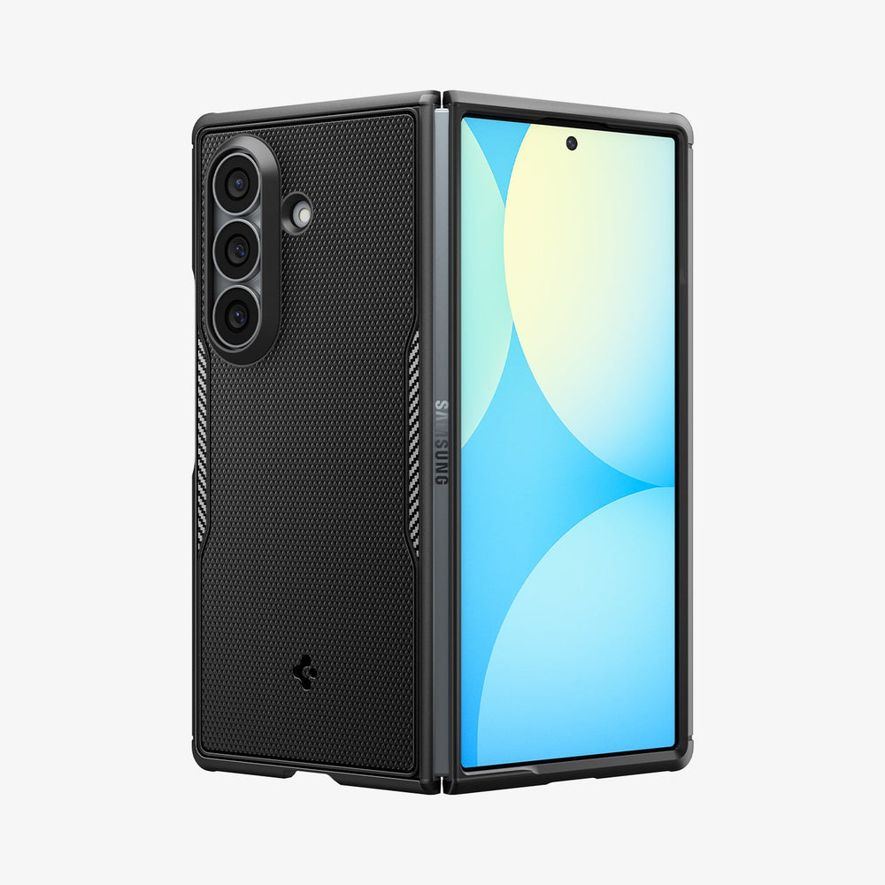 ACS11797 - Galaxy Z Fold 8 Ultra Core Armor (Mag Fit) Matte Black showing an angled back view of the Galaxy Z Fold 8 Ultra with the Core Armor MagFit case, folded open with the 