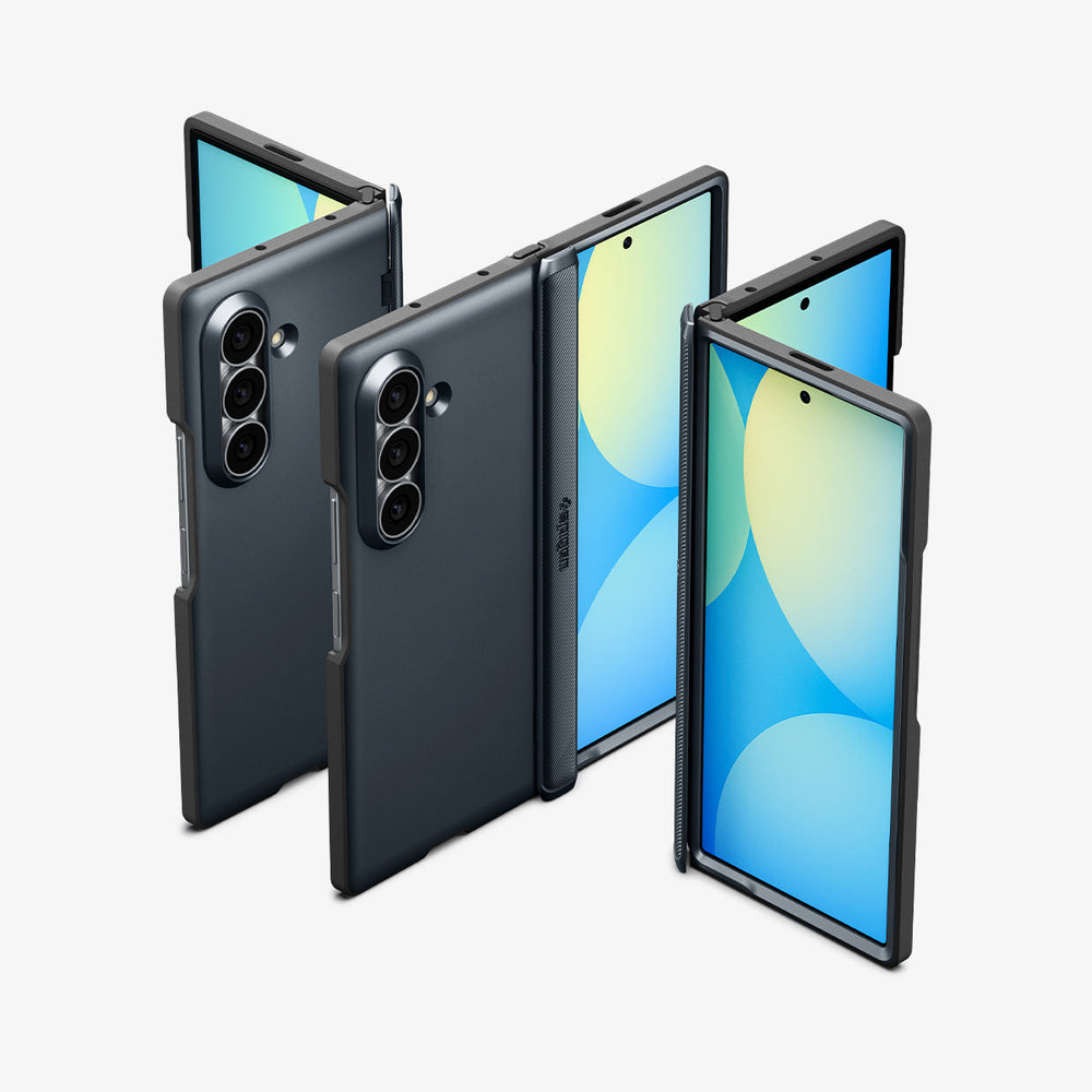 ACS11504 - Galaxy Z Fold 8 Ultra Slim Armor Pro (Mag Fit) Metal Slate showing three Galaxy Z Fold 8 Ultra cases open at different angles with camera cutouts and textured spines