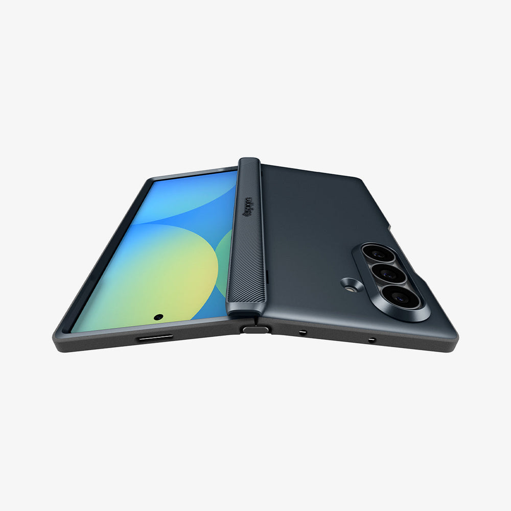 ACS11504 - Galaxy Z Fold 8 Ultra Slim Armor Pro (Mag Fit) Metal Slate showing Galaxy Z Fold 8 Ultra case lying open flat, front screen, back camera cutout, and textured spine