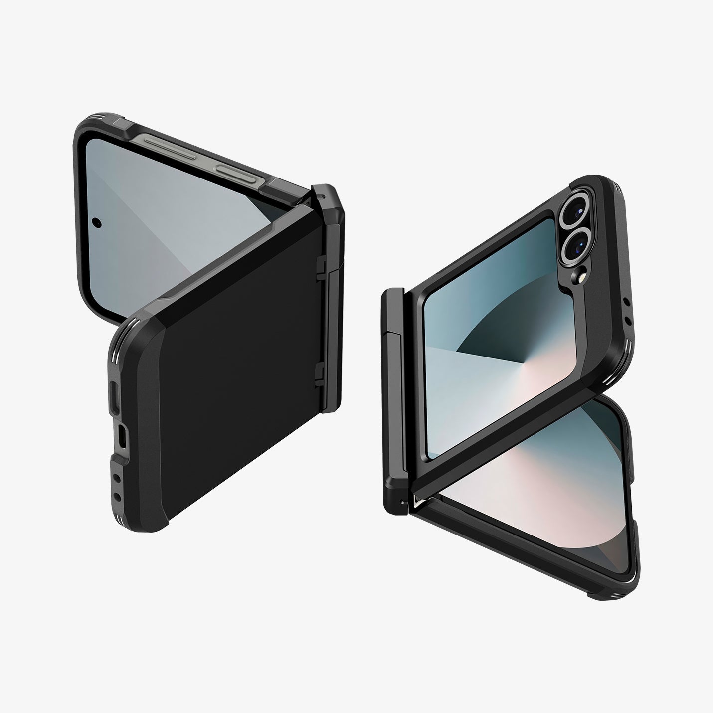 ACS09807 - Galaxy Z Flip 7 FE Series Tough Armor Pro (MagFit) in black showing the back, partial front of two devices partially folded