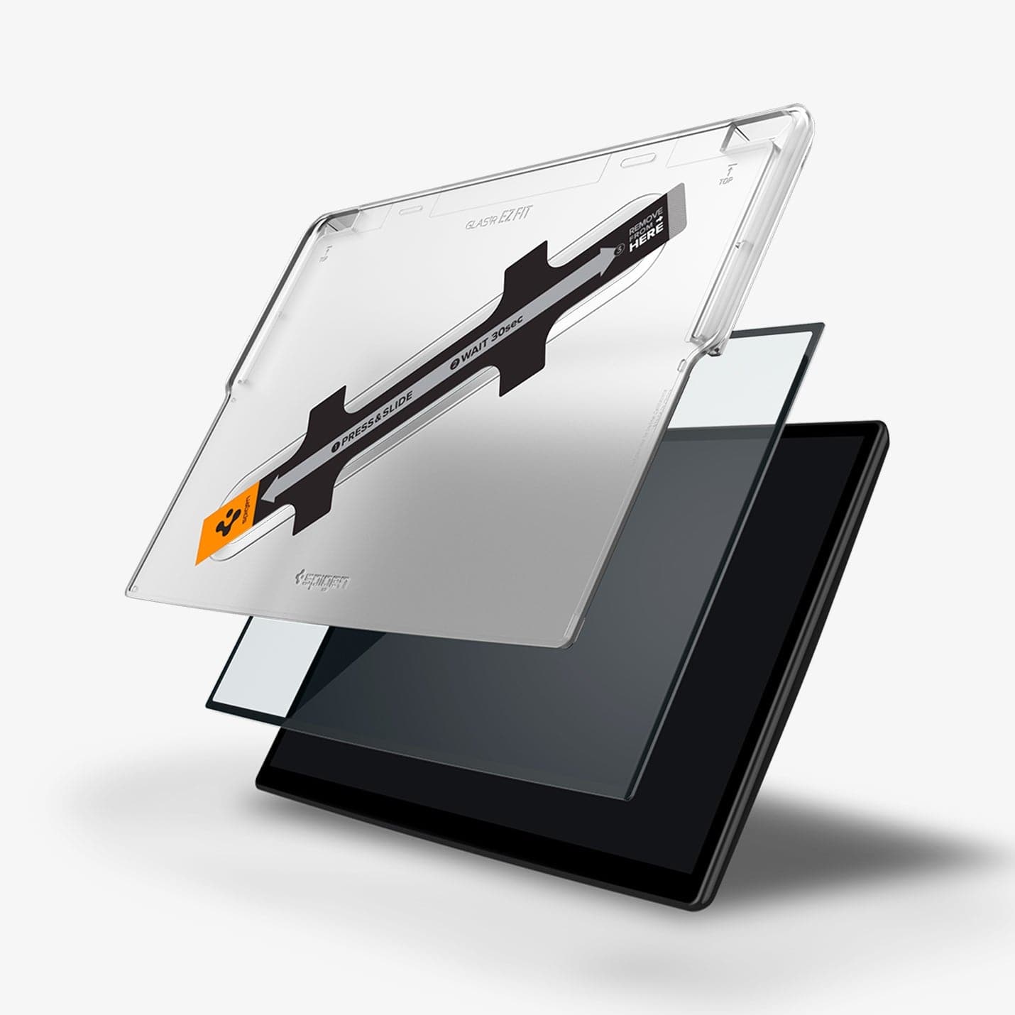 AGL04688 - Tesla Model S / X Screen Protector EZ FIT GLAS.tR showing the ez fit tray, screen protector and touch screen.