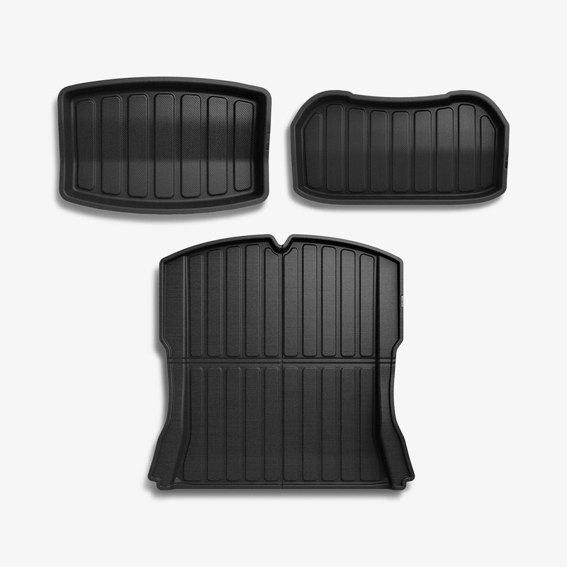 ACP07612 - Tesla Model 3 Highland Trunk Mat Liner TLT-3H in Black showing the front of 2 mini trays and and front of a big size mat liner