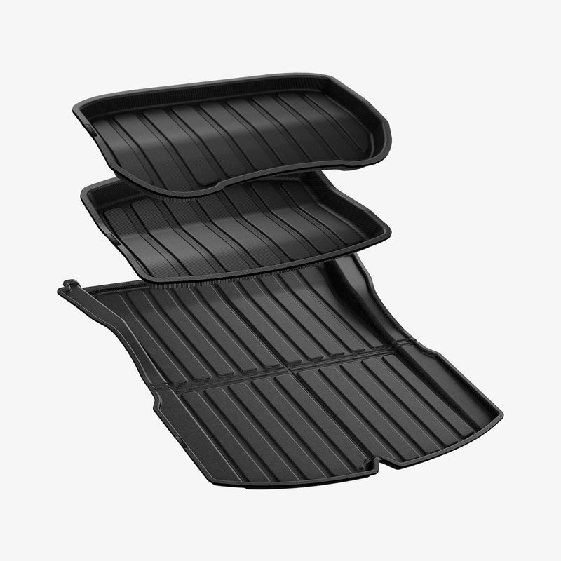 ACP07612 - Tesla Model 3 Highland Trunk Mat Liner TLT-3H in Black showing the 2 mini trays hovering above the bigger size mat liner