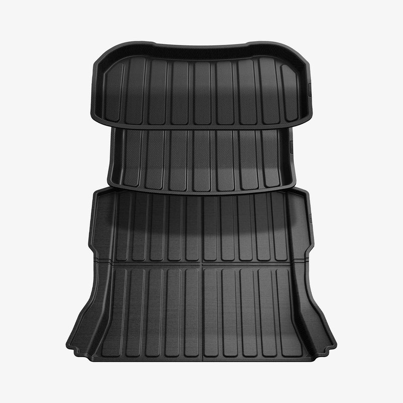 ACP07612 - Tesla Model 3 Highland Trunk Mat Liner TLT-3H in Black showing the 2 mat liner trays hovering above the bigger mat liner tray facing front