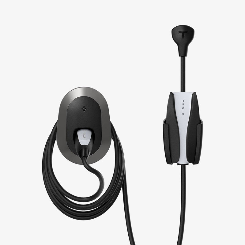 ACP04294 - Tesla Charging Wall Mount in dark silver showing the wall mount and cables organized beside wall plug